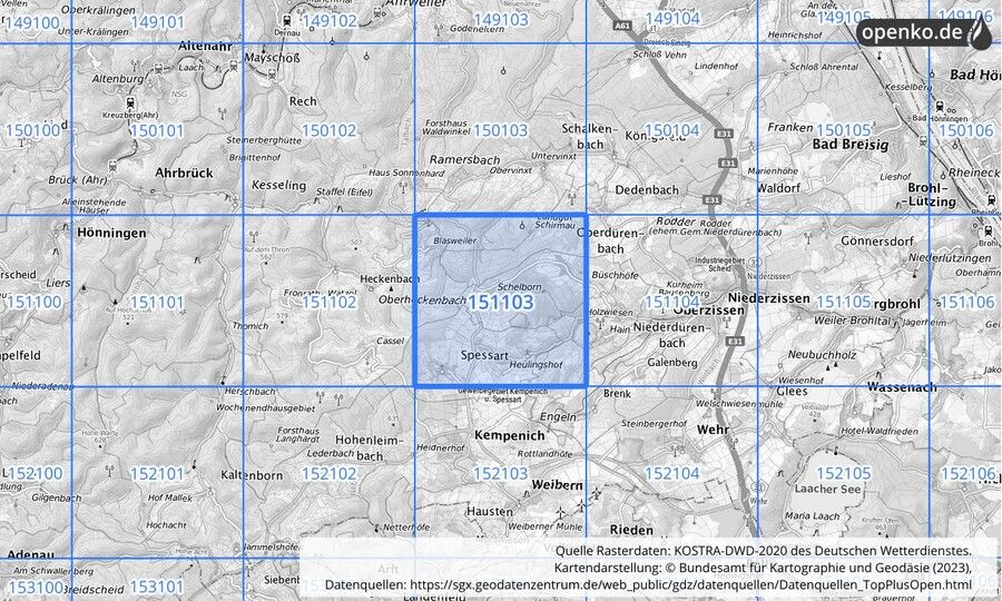 Übersichtskarte des KOSTRA-DWD-2020-Rasterfeldes Nr. 151103