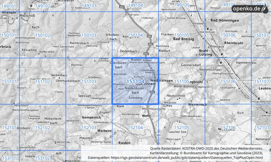 Übersichtskarte des KOSTRA-DWD-2020-Rasterfeldes Nr. 151104