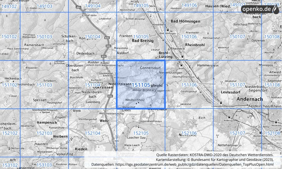Übersichtskarte des KOSTRA-DWD-2020-Rasterfeldes Nr. 151105