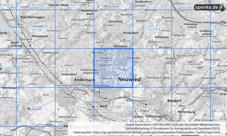Übersichtskarte des KOSTRA-DWD-2020-Rasterfeldes Nr. 151108