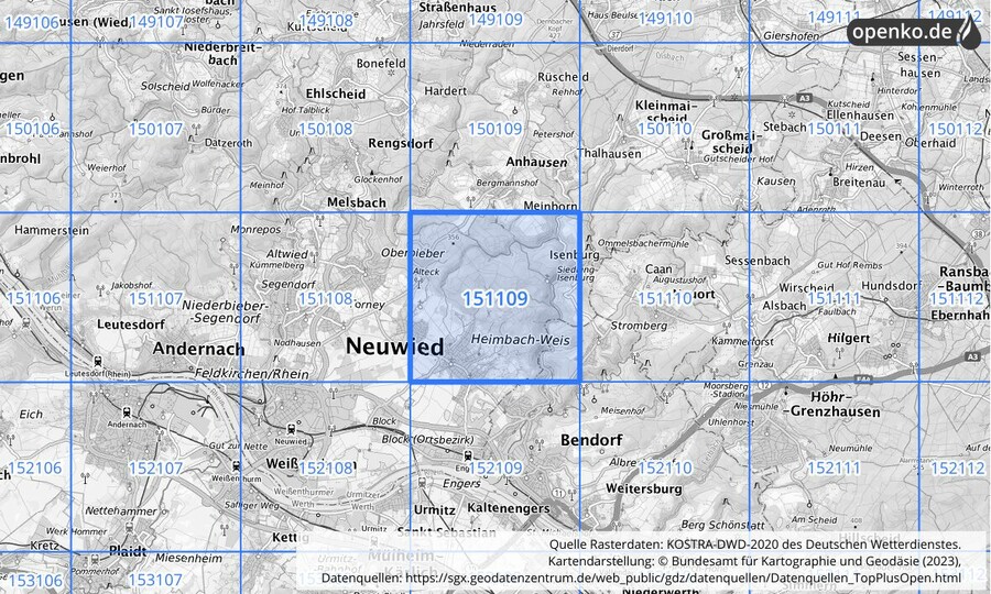 Übersichtskarte des KOSTRA-DWD-2020-Rasterfeldes Nr. 151109