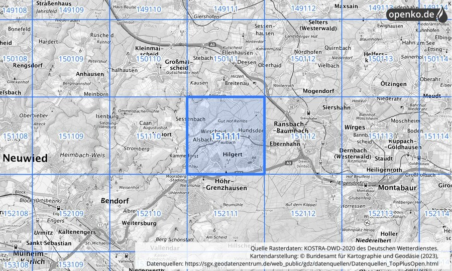 Übersichtskarte des KOSTRA-DWD-2020-Rasterfeldes Nr. 151111