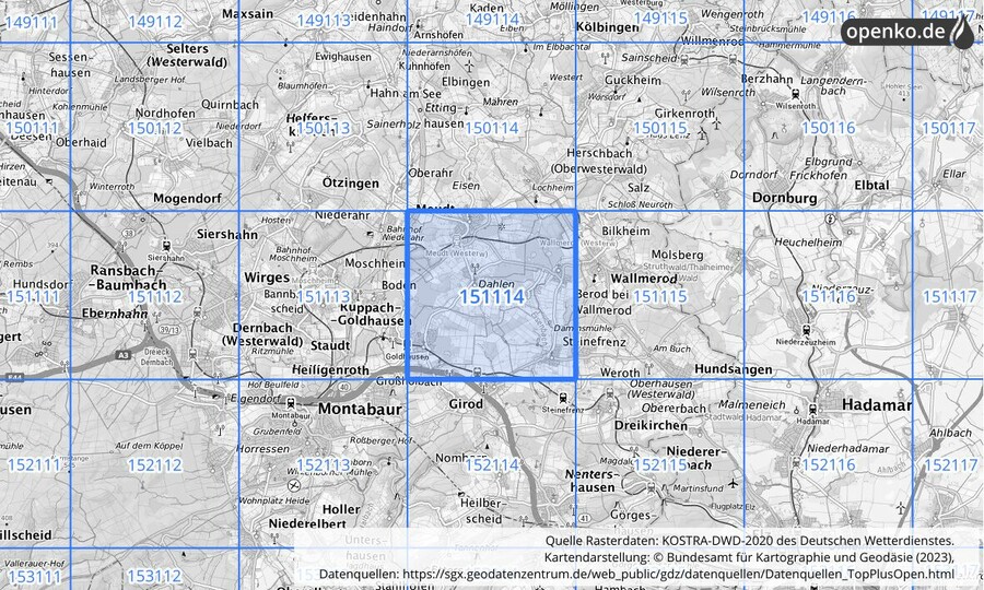 Übersichtskarte des KOSTRA-DWD-2020-Rasterfeldes Nr. 151114