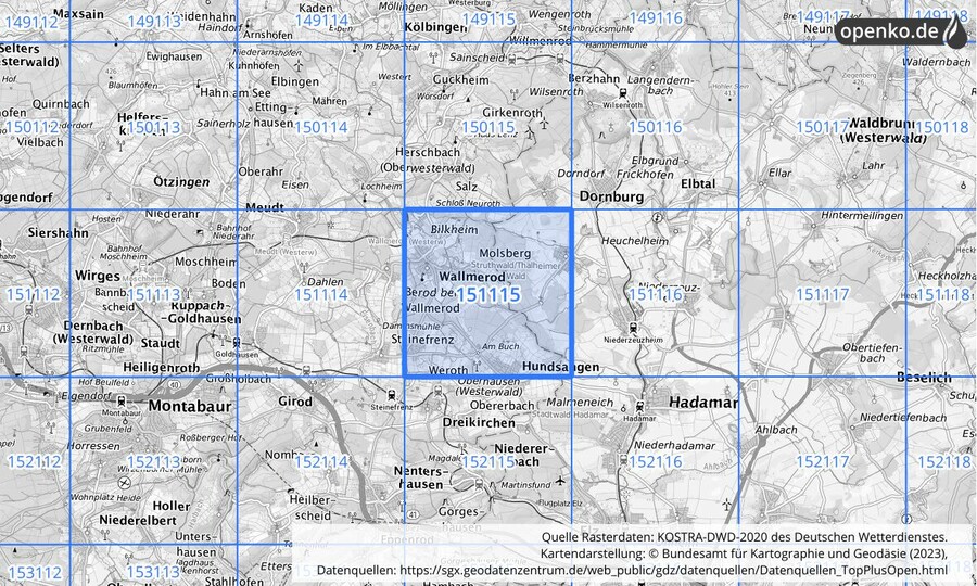 Übersichtskarte des KOSTRA-DWD-2020-Rasterfeldes Nr. 151115