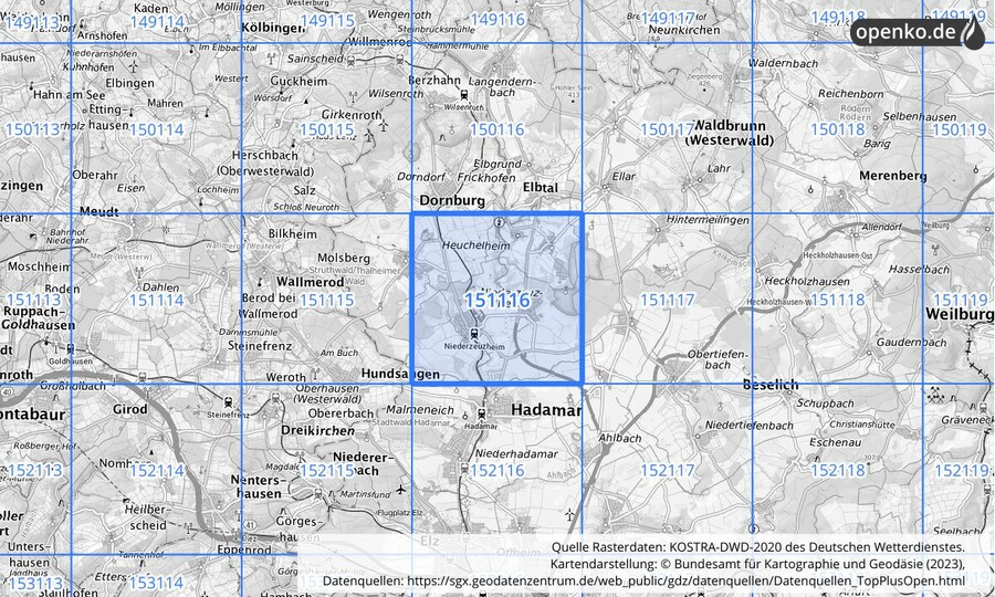 Übersichtskarte des KOSTRA-DWD-2020-Rasterfeldes Nr. 151116