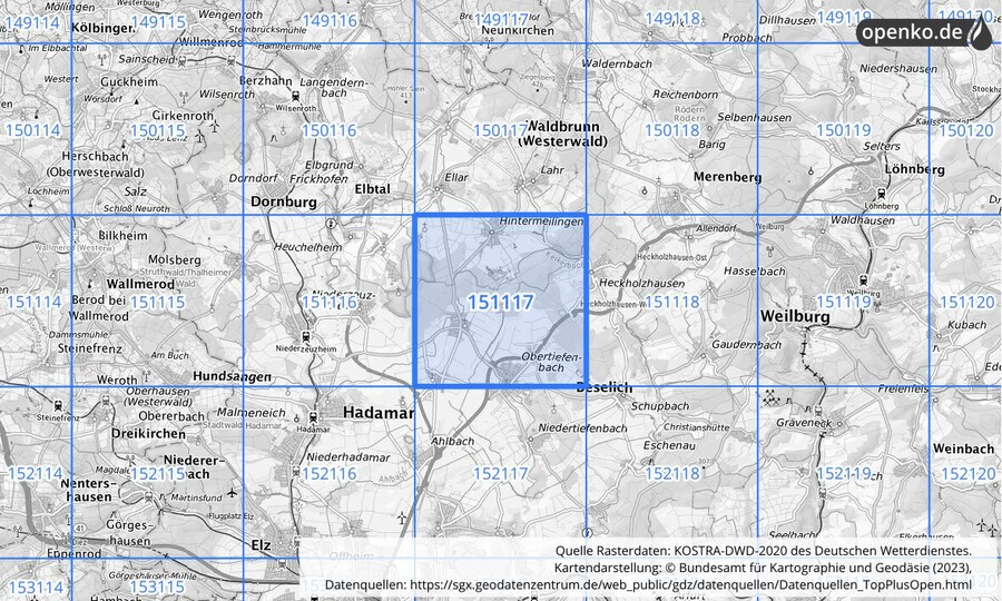 Übersichtskarte des KOSTRA-DWD-2020-Rasterfeldes Nr. 151117