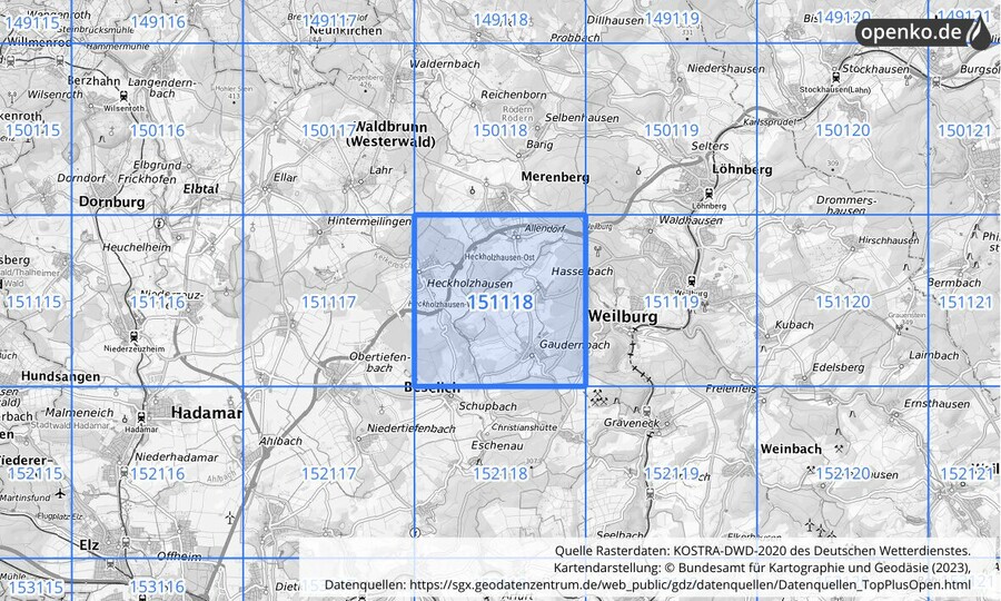 Übersichtskarte des KOSTRA-DWD-2020-Rasterfeldes Nr. 151118