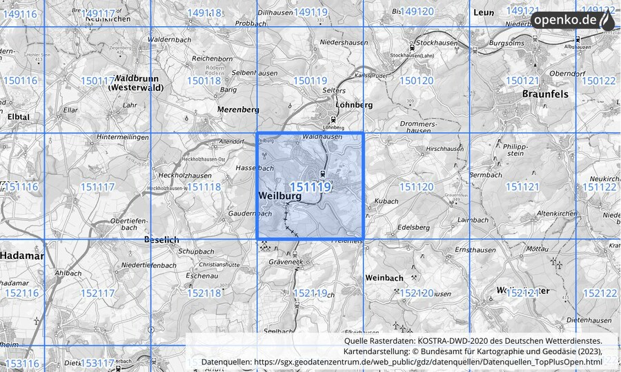 Übersichtskarte des KOSTRA-DWD-2020-Rasterfeldes Nr. 151119
