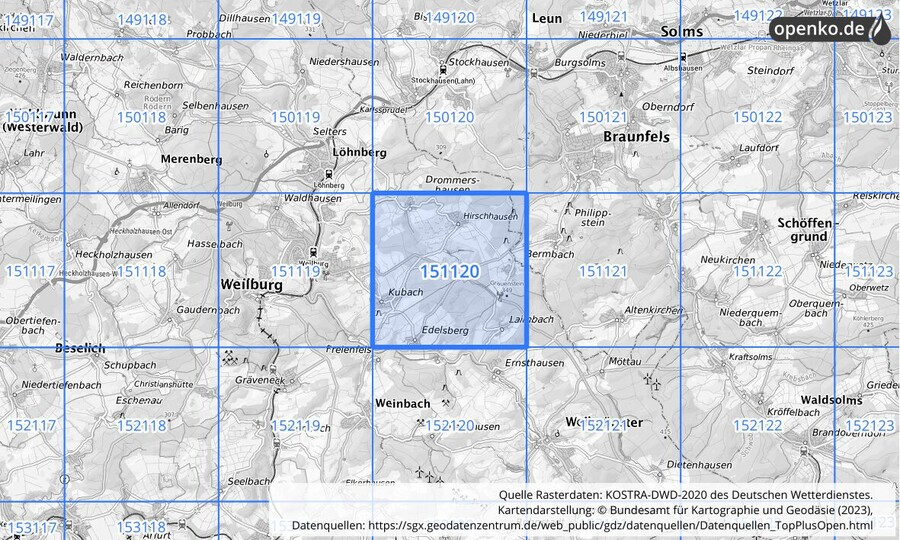 Übersichtskarte des KOSTRA-DWD-2020-Rasterfeldes Nr. 151120