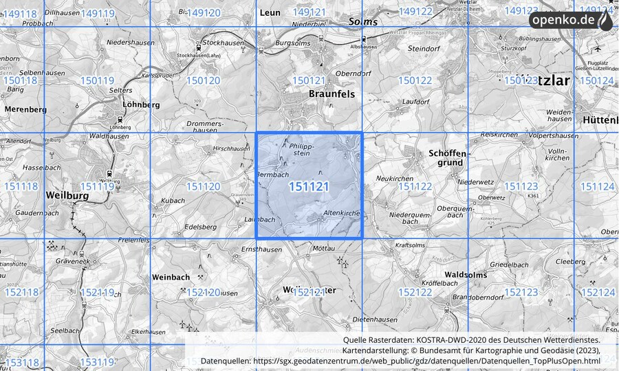 Übersichtskarte des KOSTRA-DWD-2020-Rasterfeldes Nr. 151121