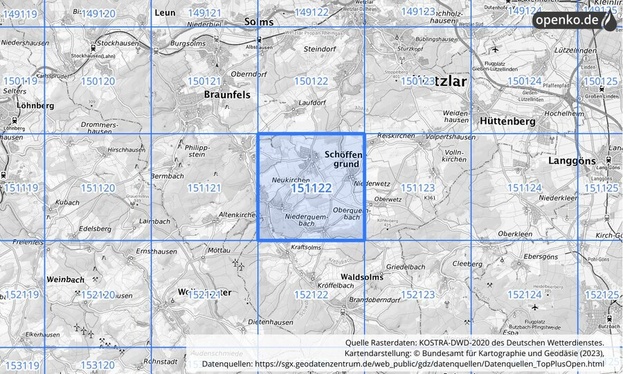 Übersichtskarte des KOSTRA-DWD-2020-Rasterfeldes Nr. 151122
