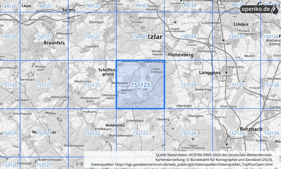 Übersichtskarte des KOSTRA-DWD-2020-Rasterfeldes Nr. 151123