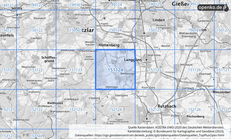 Übersichtskarte des KOSTRA-DWD-2020-Rasterfeldes Nr. 151124