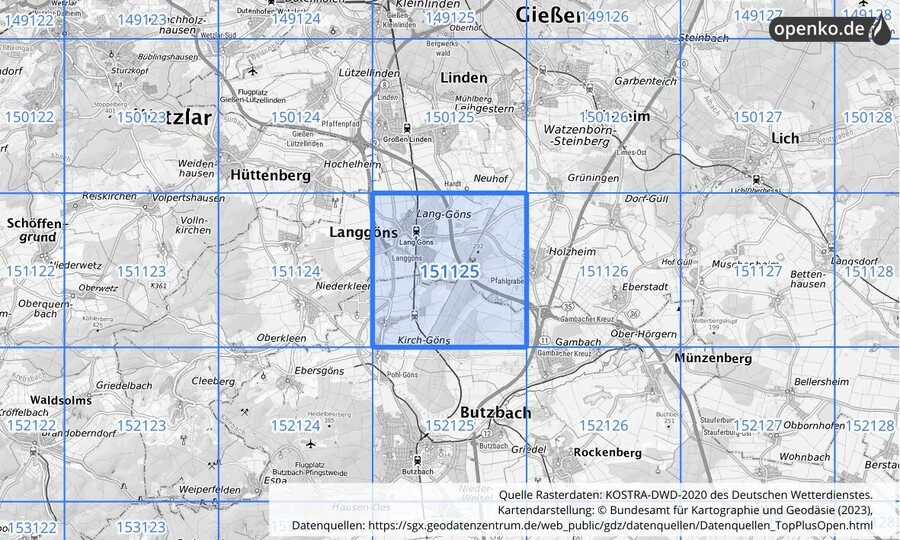 Übersichtskarte des KOSTRA-DWD-2020-Rasterfeldes Nr. 151125