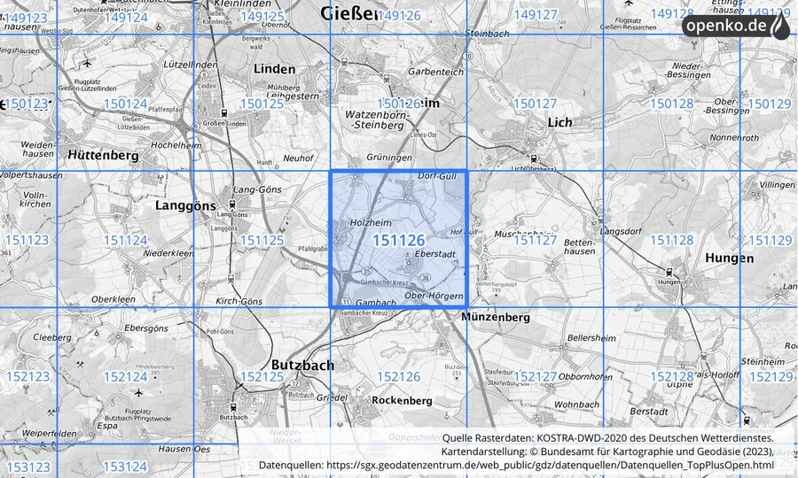 Übersichtskarte des KOSTRA-DWD-2020-Rasterfeldes Nr. 151126