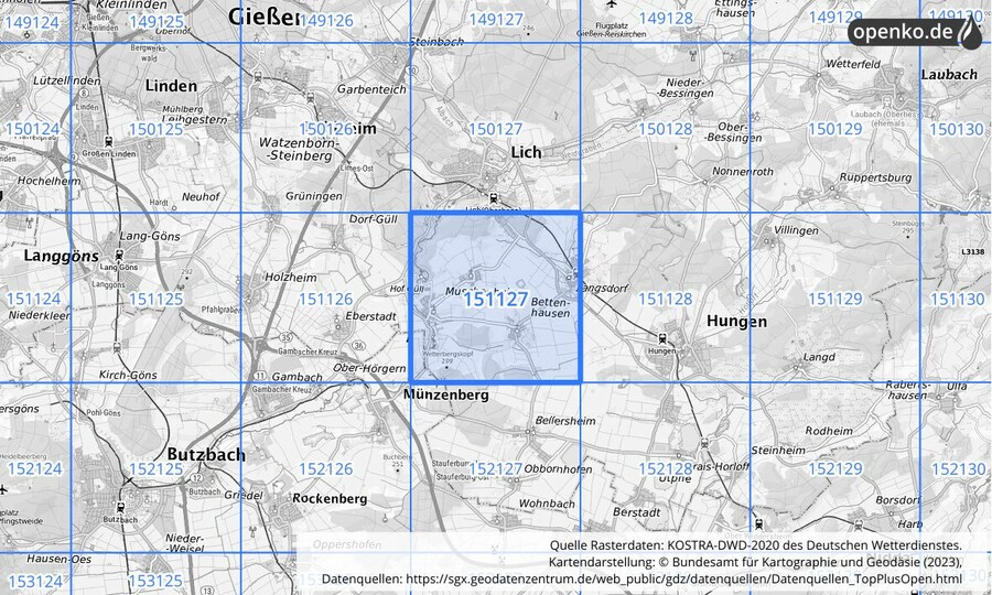 Übersichtskarte des KOSTRA-DWD-2020-Rasterfeldes Nr. 151127