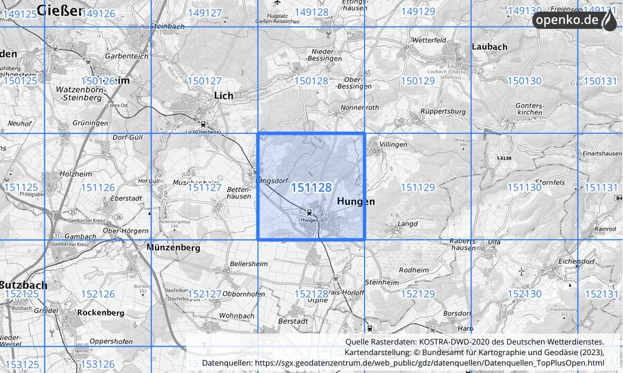 Übersichtskarte des KOSTRA-DWD-2020-Rasterfeldes Nr. 151128