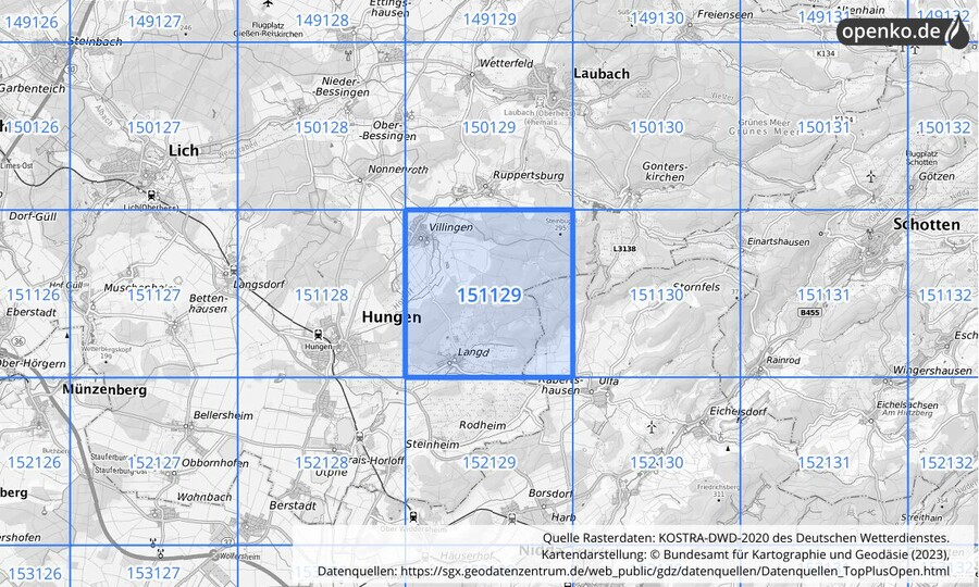 Übersichtskarte des KOSTRA-DWD-2020-Rasterfeldes Nr. 151129