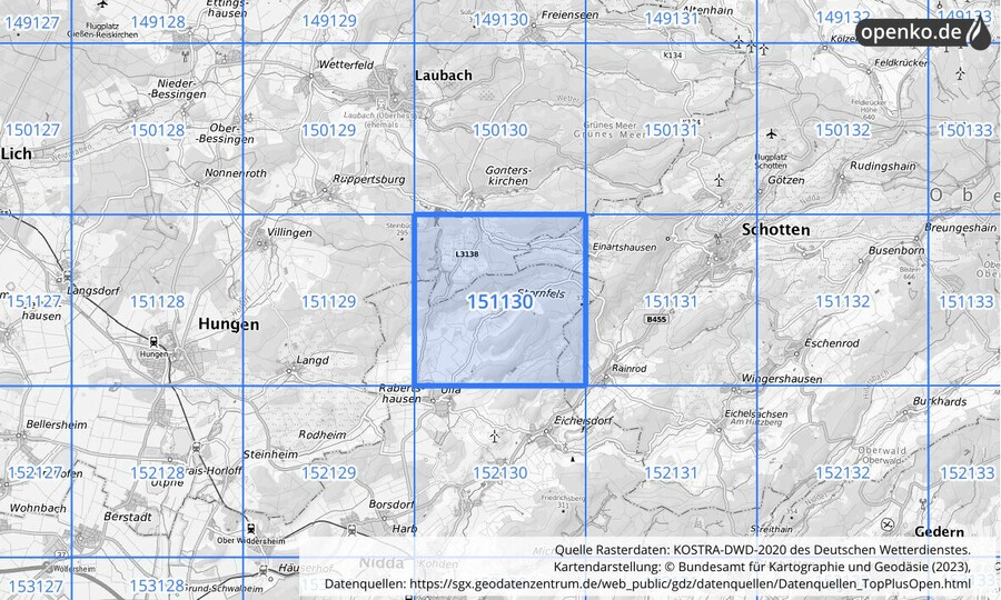 Übersichtskarte des KOSTRA-DWD-2020-Rasterfeldes Nr. 151130