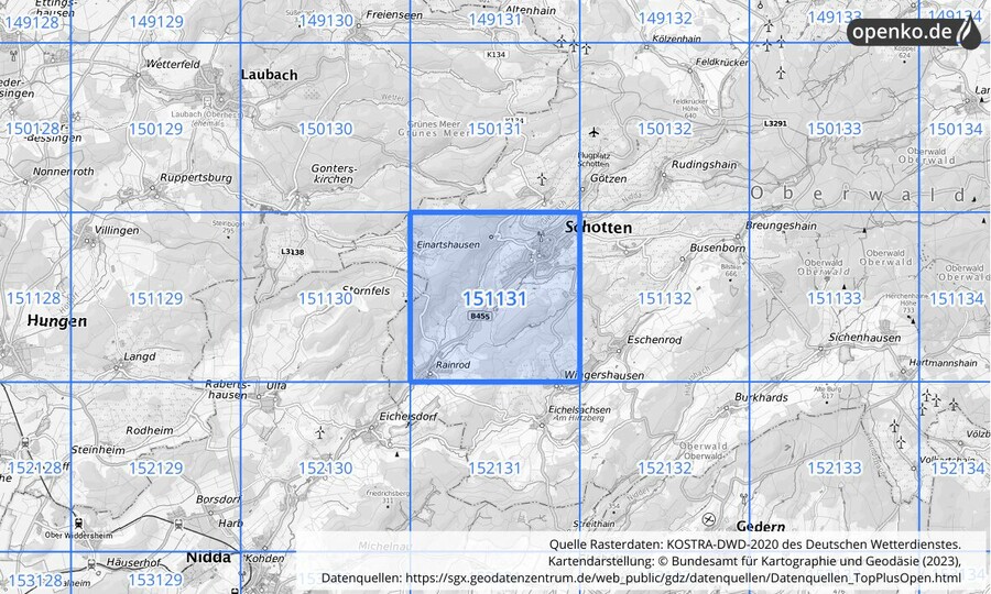 Übersichtskarte des KOSTRA-DWD-2020-Rasterfeldes Nr. 151131