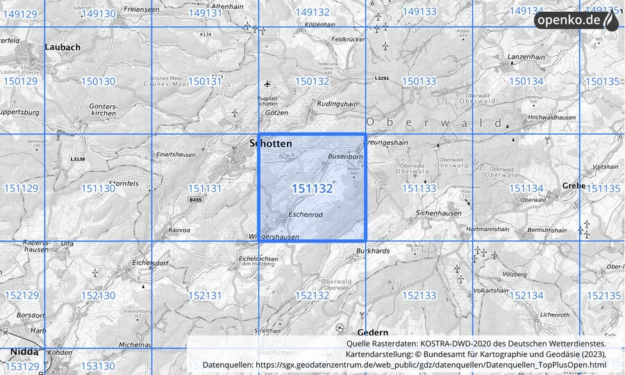 Übersichtskarte des KOSTRA-DWD-2020-Rasterfeldes Nr. 151132