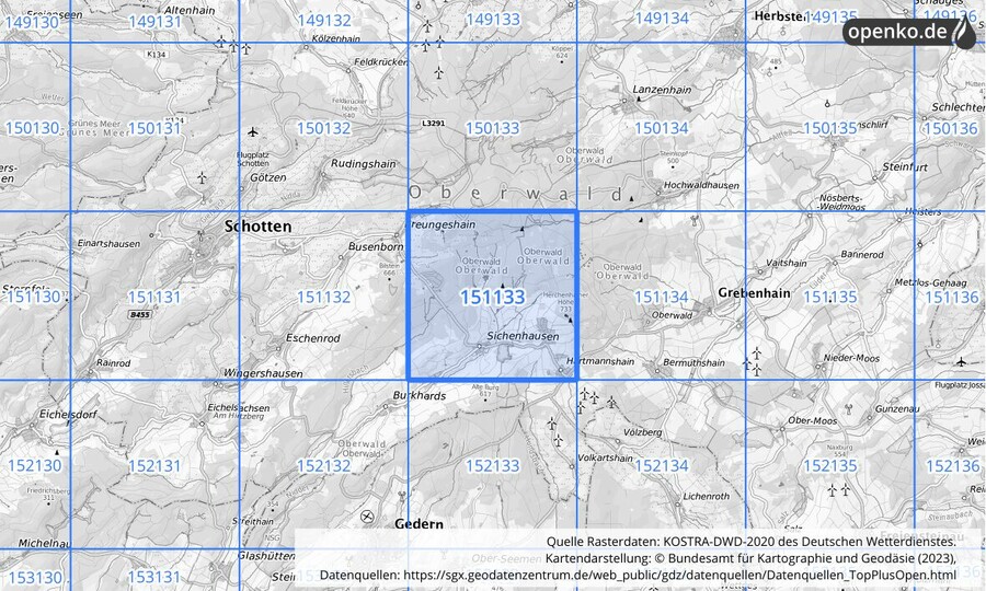 Übersichtskarte des KOSTRA-DWD-2020-Rasterfeldes Nr. 151133