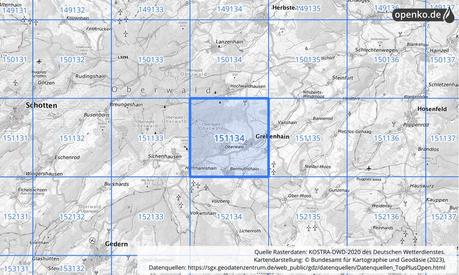 Übersichtskarte des KOSTRA-DWD-2020-Rasterfeldes Nr. 151134