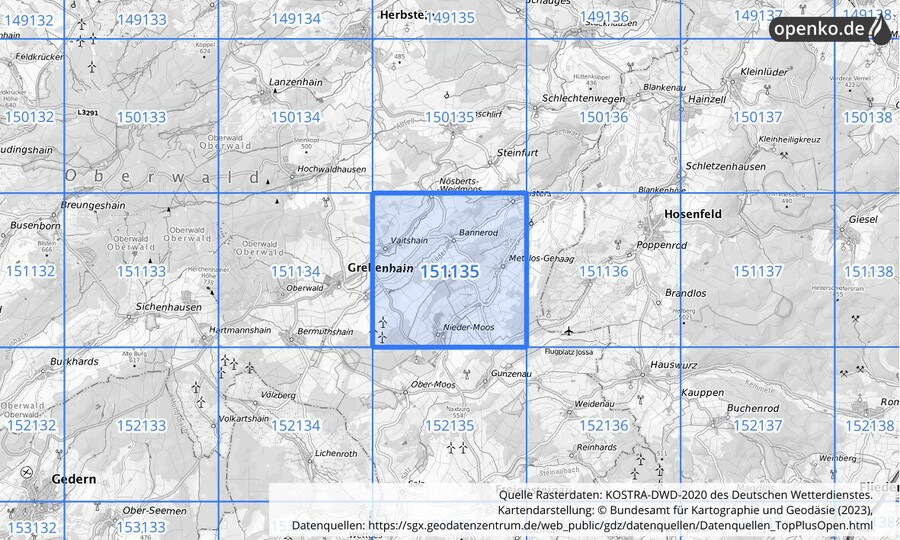 Übersichtskarte des KOSTRA-DWD-2020-Rasterfeldes Nr. 151135