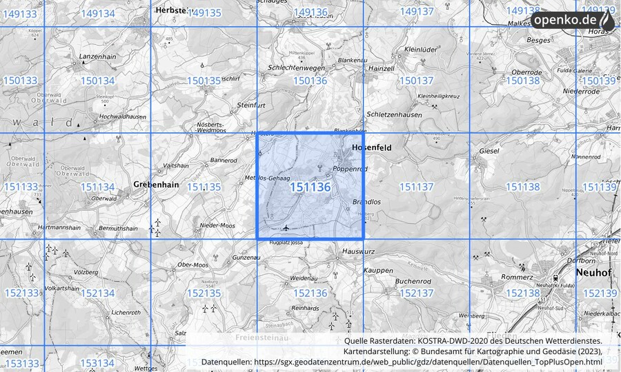 Übersichtskarte des KOSTRA-DWD-2020-Rasterfeldes Nr. 151136