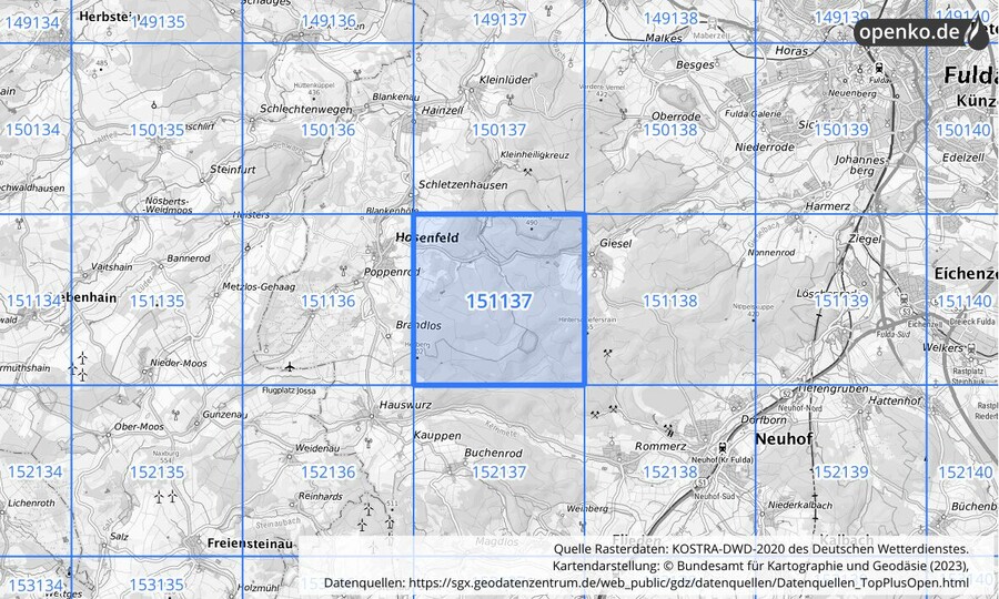 Übersichtskarte des KOSTRA-DWD-2020-Rasterfeldes Nr. 151137
