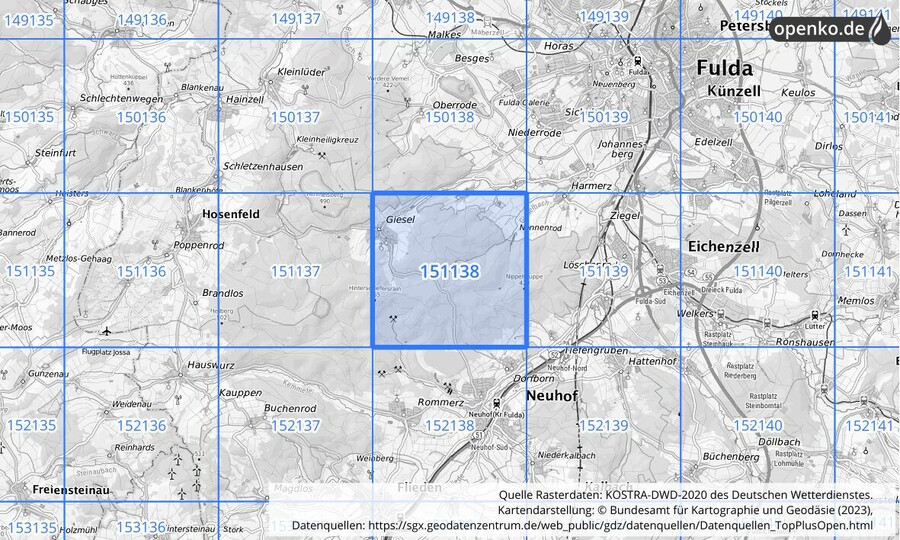Übersichtskarte des KOSTRA-DWD-2020-Rasterfeldes Nr. 151138
