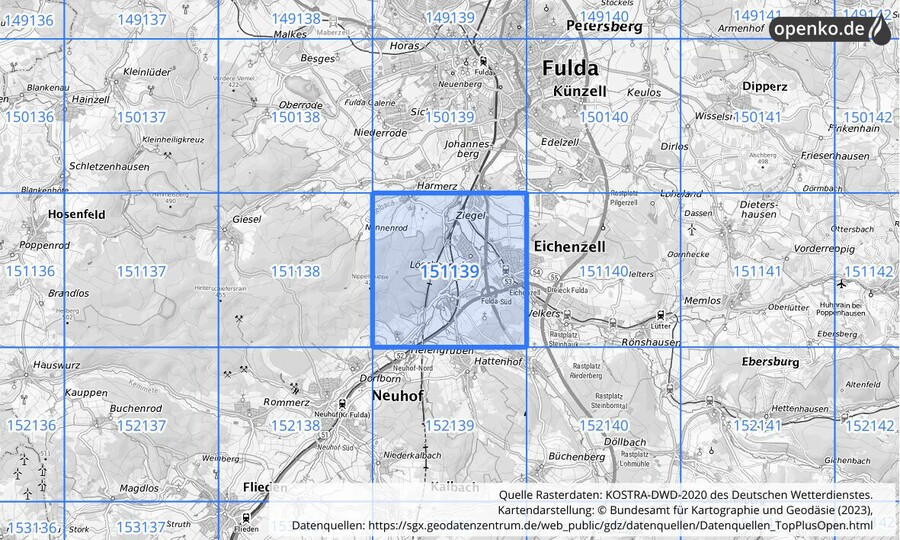 Übersichtskarte des KOSTRA-DWD-2020-Rasterfeldes Nr. 151139