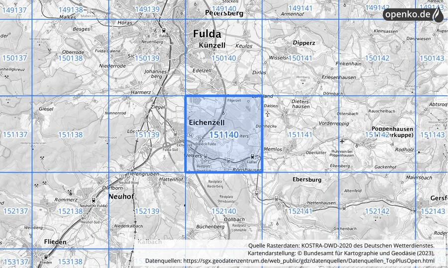 Übersichtskarte des KOSTRA-DWD-2020-Rasterfeldes Nr. 151140