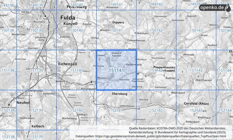 Übersichtskarte des KOSTRA-DWD-2020-Rasterfeldes Nr. 151141