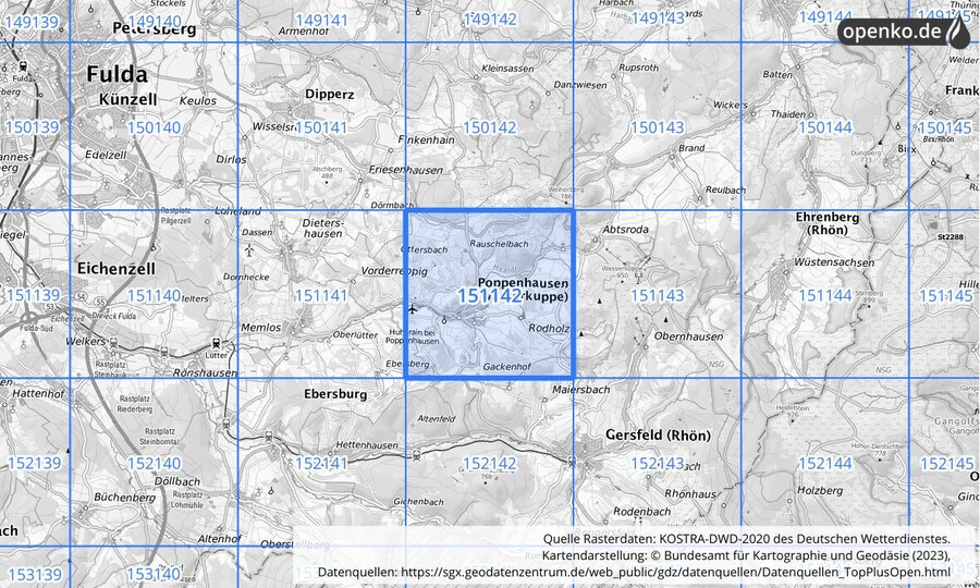 Übersichtskarte des KOSTRA-DWD-2020-Rasterfeldes Nr. 151142