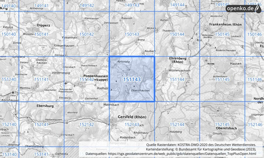 Übersichtskarte des KOSTRA-DWD-2020-Rasterfeldes Nr. 151143