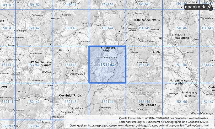 Übersichtskarte des KOSTRA-DWD-2020-Rasterfeldes Nr. 151144