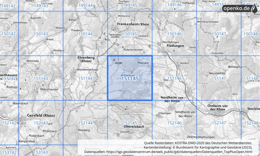 Übersichtskarte des KOSTRA-DWD-2020-Rasterfeldes Nr. 151145