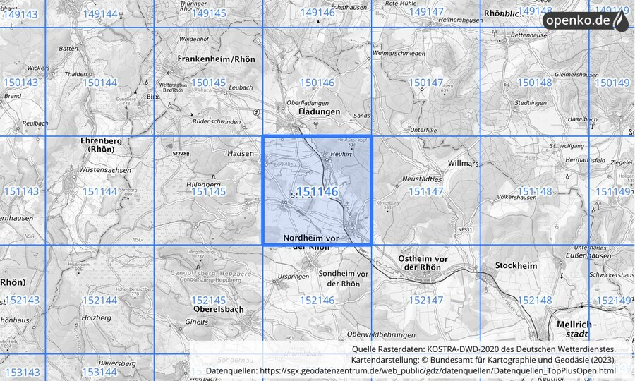 Übersichtskarte des KOSTRA-DWD-2020-Rasterfeldes Nr. 151146