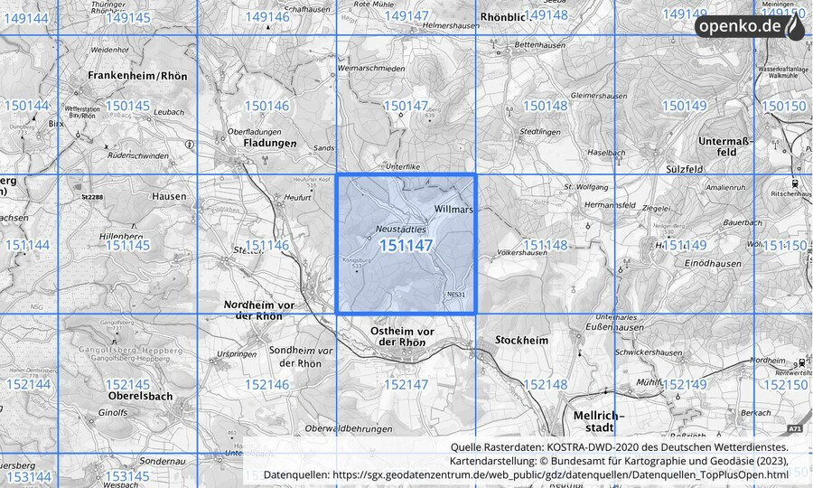 Übersichtskarte des KOSTRA-DWD-2020-Rasterfeldes Nr. 151147