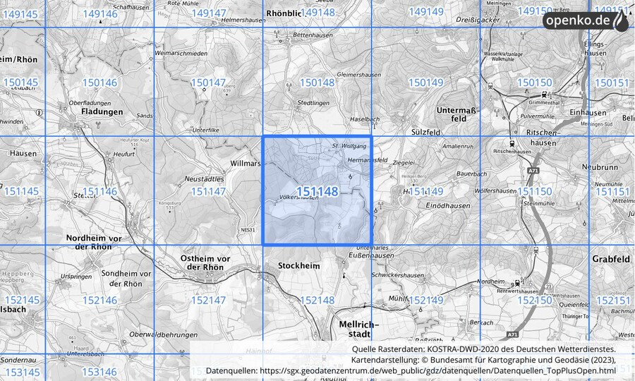 Übersichtskarte des KOSTRA-DWD-2020-Rasterfeldes Nr. 151148