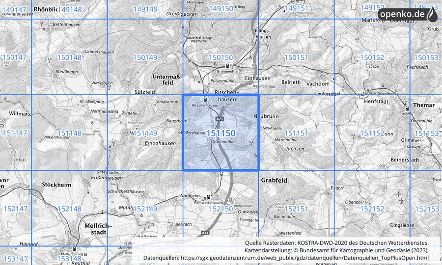 Übersichtskarte des KOSTRA-DWD-2020-Rasterfeldes Nr. 151150