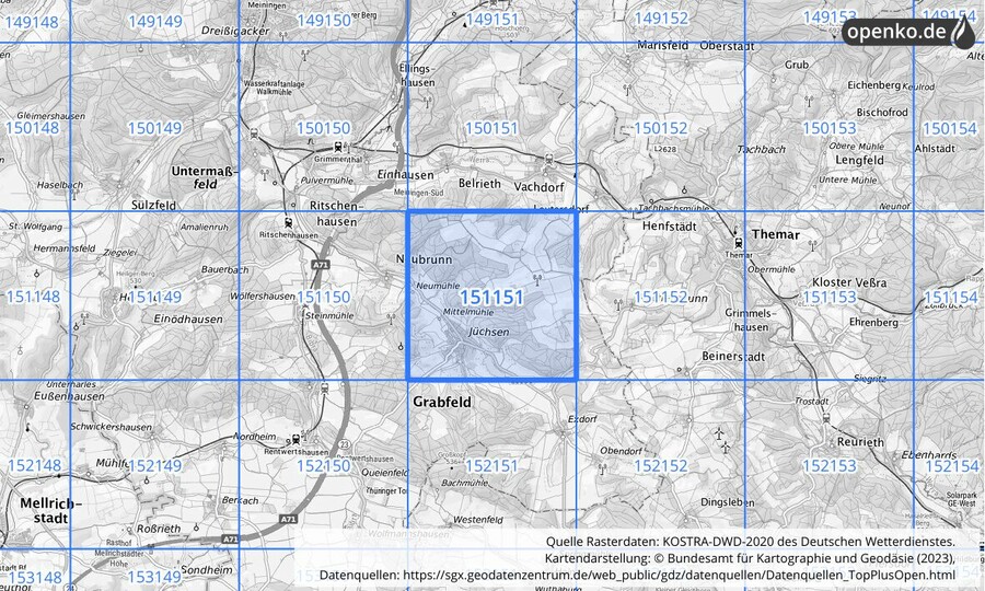 Übersichtskarte des KOSTRA-DWD-2020-Rasterfeldes Nr. 151151