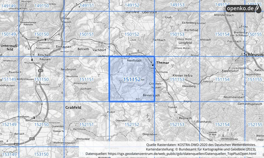 Übersichtskarte des KOSTRA-DWD-2020-Rasterfeldes Nr. 151152