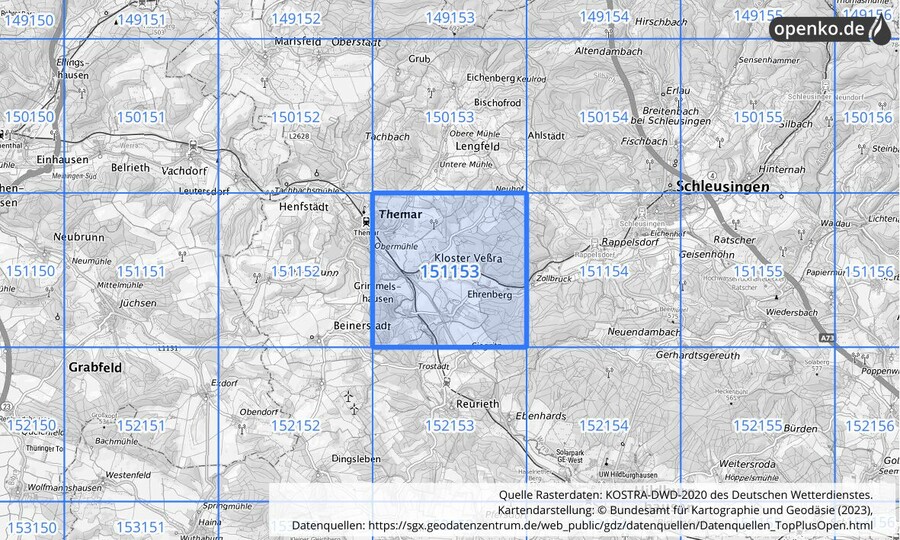 Übersichtskarte des KOSTRA-DWD-2020-Rasterfeldes Nr. 151153
