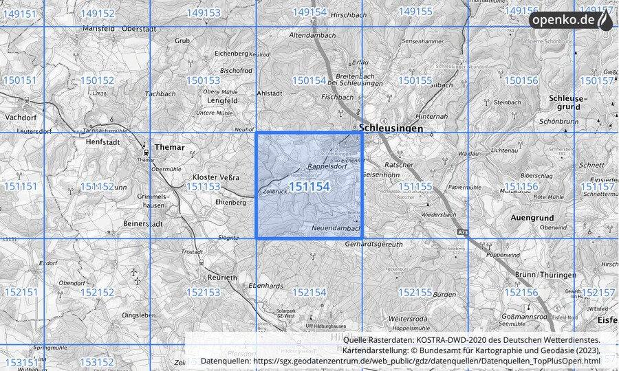 Übersichtskarte des KOSTRA-DWD-2020-Rasterfeldes Nr. 151154