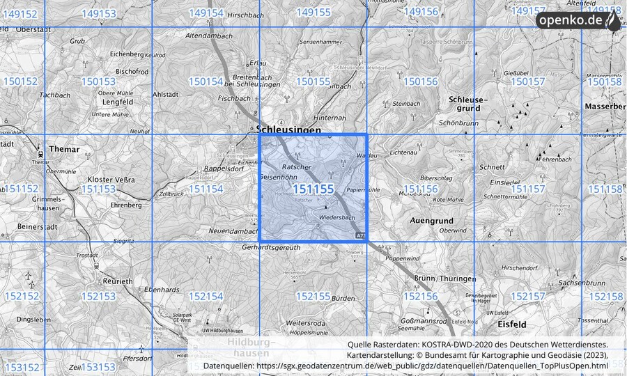 Übersichtskarte des KOSTRA-DWD-2020-Rasterfeldes Nr. 151155