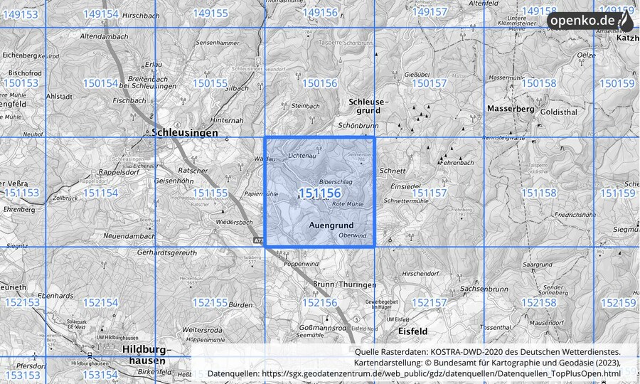 Übersichtskarte des KOSTRA-DWD-2020-Rasterfeldes Nr. 151156