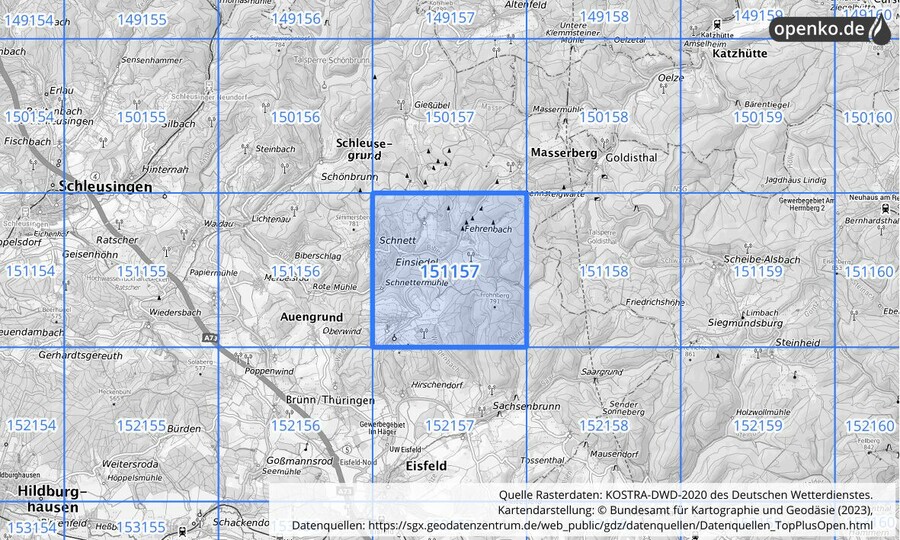 Übersichtskarte des KOSTRA-DWD-2020-Rasterfeldes Nr. 151157