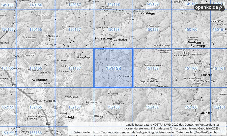 Übersichtskarte des KOSTRA-DWD-2020-Rasterfeldes Nr. 151158